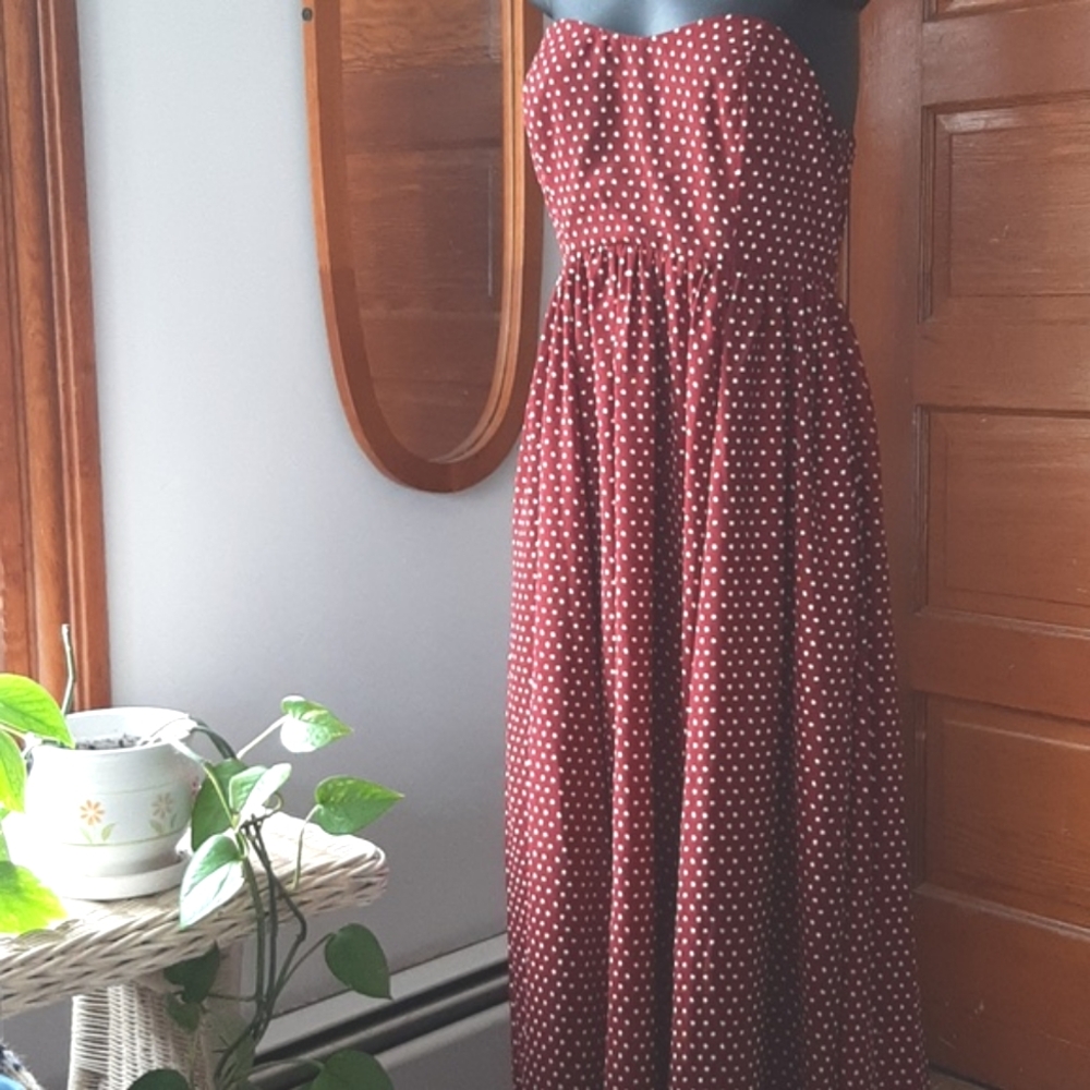 By Together Burgundy Strapless Polka-Dot Fit n Flare Midi Small